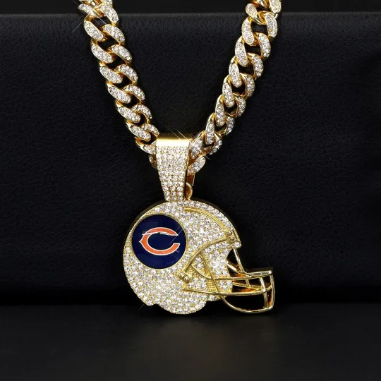 Chicago Bears Helmet Pendant Necklace  Gold Cuban Link Chain Iced Jewelry