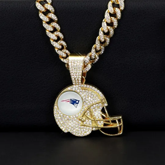 New England Patriots Iced Out Helmet Chain Cuban Link Necklace