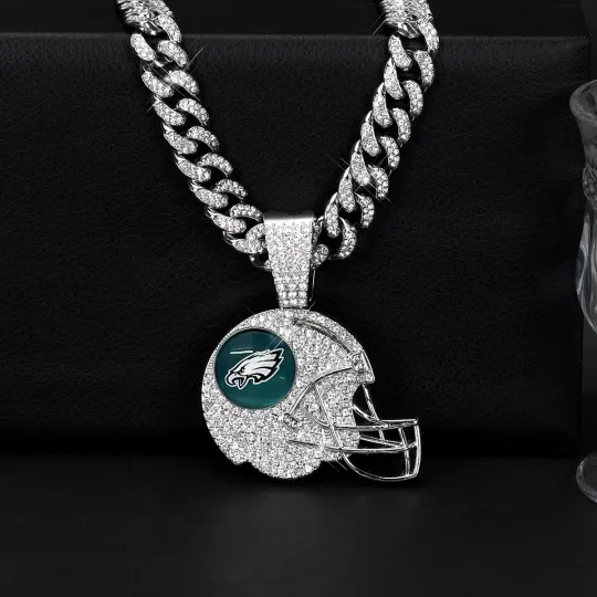 Philadelphia Eagles Iced Out Helmet Chain Cuban Link Necklace Gold Silver