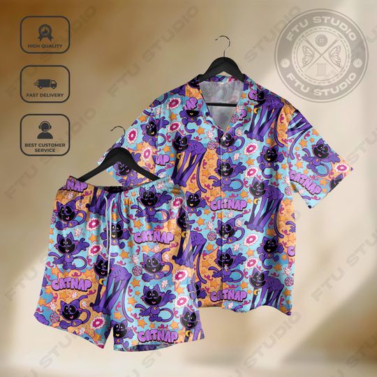 Discover Spooky Cat Hawaiian Shirt and Shorts, Aloha Beach Summer Shirt