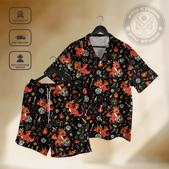 Discover Dragon Dice Hawaiian Shirt and Shorts D&D Gaming Apparel, Fantasy Role Playing