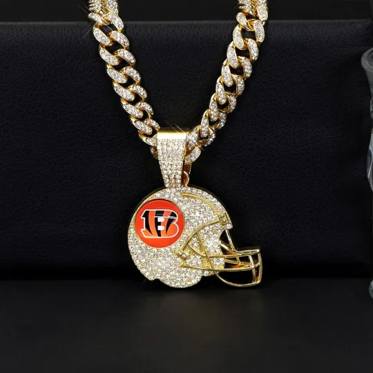 Silver Cuban Link Chain Necklace with Bengals Helmet Pendant and Iced Football