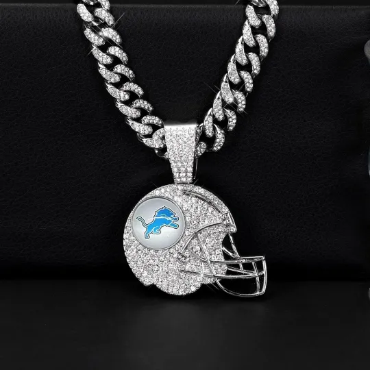 Detroit Lions Gem Helmet Pendant Cuban Link Chain Necklace