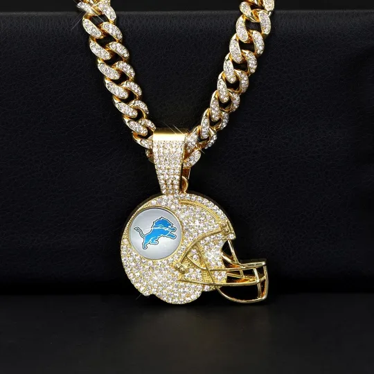 Detroit Lions Gem Helmet Pendant Cuban Link Chain Necklace