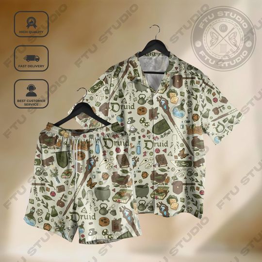Druid Equipment Hawaiian Shirt Shorts, Class Symbols Dungeon Master Shirt, Role Dice Gaming Gifts