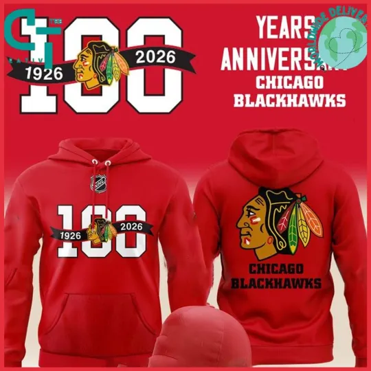 Discover Chicago Blackhawks 100th Anniversary 1926-2026 Logo Hoodie Full Size