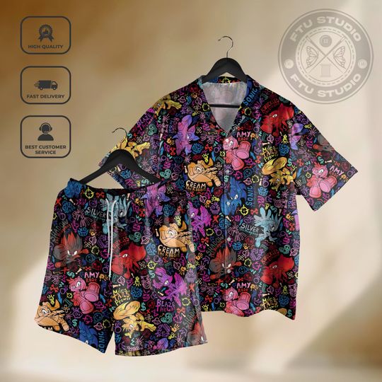 Discover Hedgehog Graffiti Hawaiian Shirt and Shorts, Friends Retro Gaming Summer Streetwear, Video Game Gift