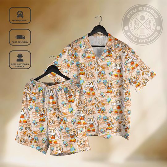 Discover Cream Rabbit & Cheese Hedgehog Hawaiian Shirt and Shorts, Streetwear Retro Video Game Merch, Fan Gift