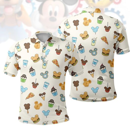 Discover Disney Snacks Polo Shirt, Mickey Ice Cream Food Pattern Shirt, Cute Cartoon Summer Polo Gift for Him, Disney Cute Snacks Polo Shirt