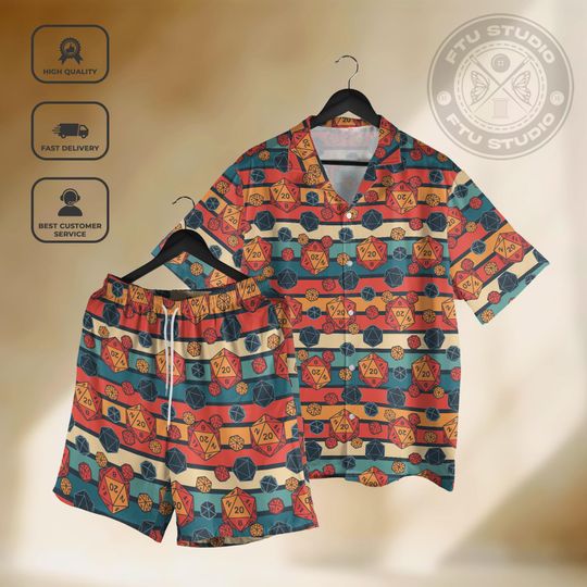 Discover Dice Set Hawaiian Shirt and Shorts, DND Dungeon Button-Up, RPG Gaming Gift
