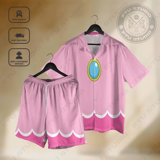 Discover Princess Cosplay Hawaiian Shirt and Shorts, Peach Summer Shirt Gaming Mario Video Game Fans