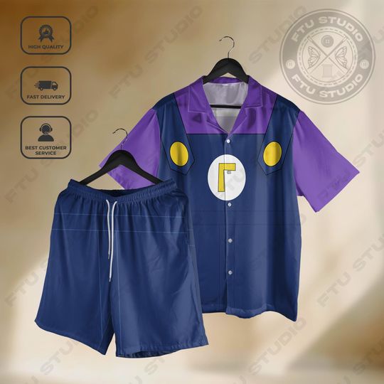 Waluigi Cosplay Hawaiian Shirt and Shorts, Wario Double Aloha Summer Shirt, Gaming Every Fans