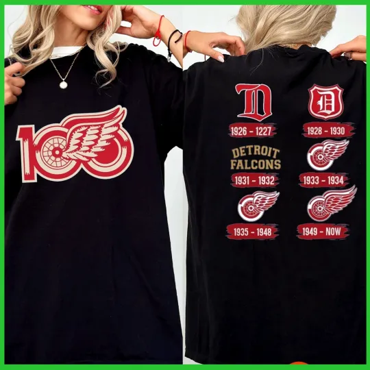 Discover SALE 30% - Detroit Red Wings 100th Anniversary Two Sided NHL T Shirt Gildan