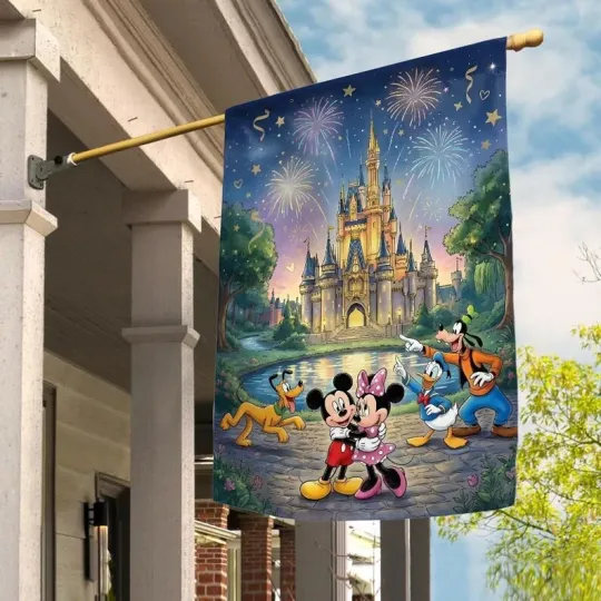 Discover Mickey And Friends Magical Castle Cartoon Fireworks Fantasy Night Flag
