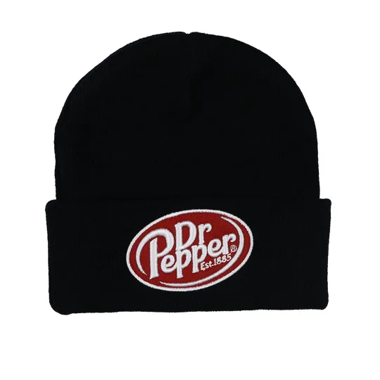 Discover Dr Pepper Beanie Black Knit Fold Cuff Hat with Embroidered Logo OSFM Adult