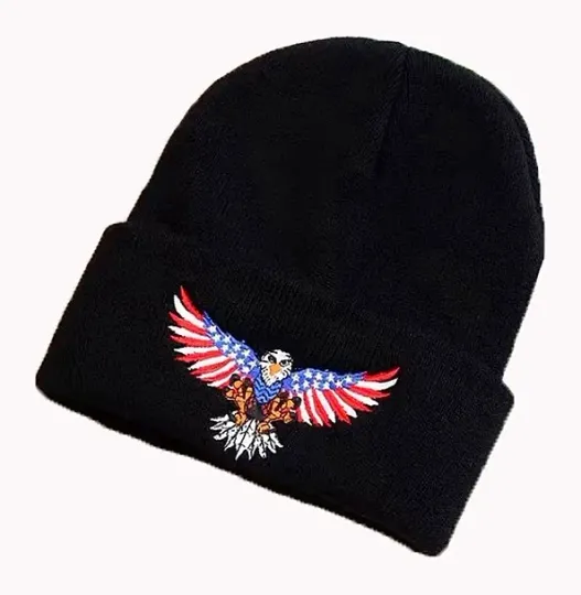 Discover American Flag Eagle Embroidered Logo, Knit Beanie Cap Hat-Black, Unisex