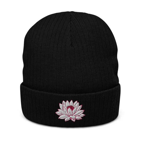 Discover White and Pink Lotus Embroidered Ribbed knit beanie