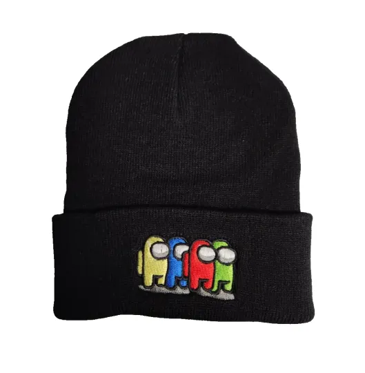 Discover Embroidered Among Us Black Cotton Cuffed Knit Beanie Hat NEW