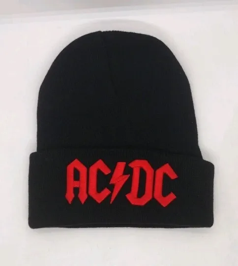 Discover AC DC Winter Knitted Cap Red Letter Embroidered Black Beanie