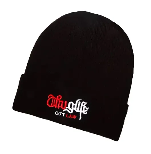 THUG~LIFE Outlaw Embroidered Logo Knit Beanie Cap/Hat, Black - Unisex Adult
