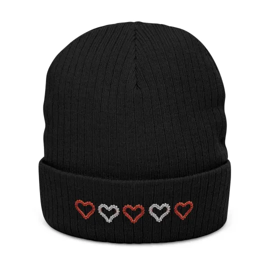 Embroidered Heart Row Beanie | Ribbed Knit Beanie