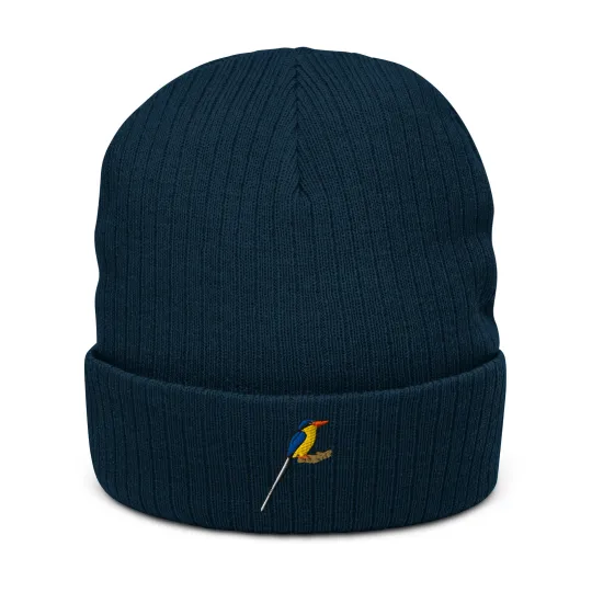 Paradise Kingfisher Embroidered Bird Ribbed knit beanie