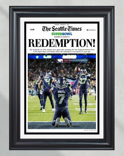 Discover 2026 Seattle Seahawks "REDEMPTION" Super Bowl LX Champions Beat Patriots Unframed Newspaper