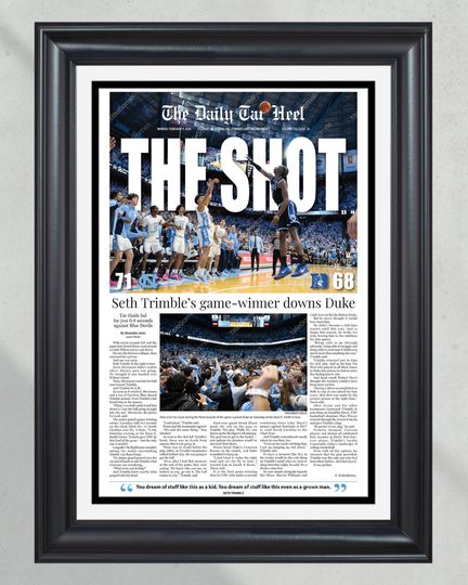 2026 North Carolina Tar Heels vs Duke, THE SHOT  Seth Trimble Game Winner, 71-68 Unframed Newspaper