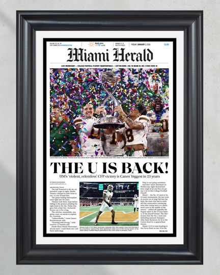 Discover 2025 Miami Football  The U Is Back  Cotton Bowl Champions 3414 vs Ohio Football Unframed Newspaper