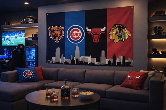 Discover Chicago Sports Flag  Bears Cubs Bulls Blackhawks Wall Flag | Mancave Garage Decor | Chicago Fan Gift