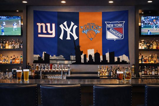 Discover New York Sports Flag  Yankees Knicks Giants Rangers Wall Flag | Mancave Garage Decor | New York Fan Gift