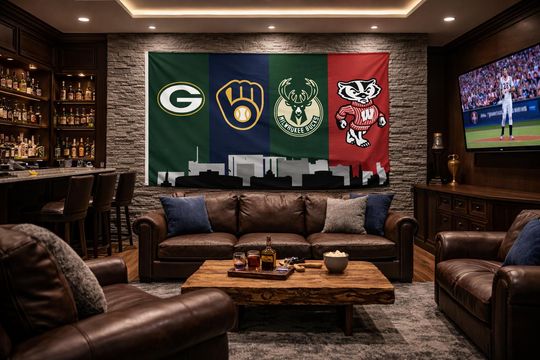 Discover Wisconsin Sports Flag  Packers Brewers Bucks Badgers Wall Flag | Mancave Garage Decor | Wisconsin Fan Gift