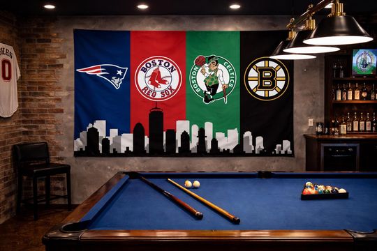 Boston New England Sports Flag  Patriots Red Sox Celtics Bruins Wall Flag | Mancave Garage Decor | Boston Fan Gift