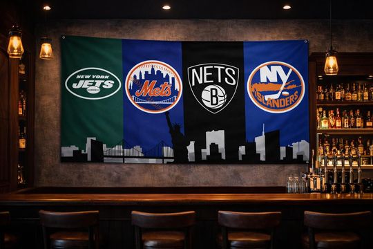 Discover New York New Jersey Sports Flag  Jets Mets Nets Islanders Wall Flag | Mancave Garage Decor | NY NJ Fan Gift