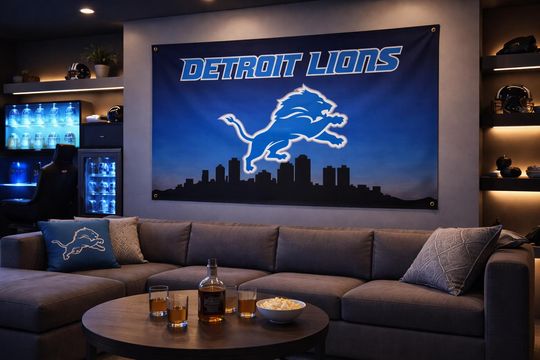 Discover Detroit Lions Flag  Honolulu Blue Wall Flag | Mancave Garage Decor | Lions Fan Gift