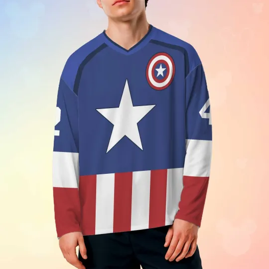 Discover Personalized Captain America Hockey Jersey Men's Cosplay Costume Superhero Fans Gift