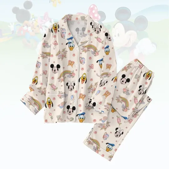 Discover Cute Mickey and Friends Satin Pajama Set for Adults, Spring Birthday Gift