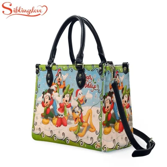 Discover Mickey Mouse Donald Duck With Friends Merry Christmas Leather Handbag