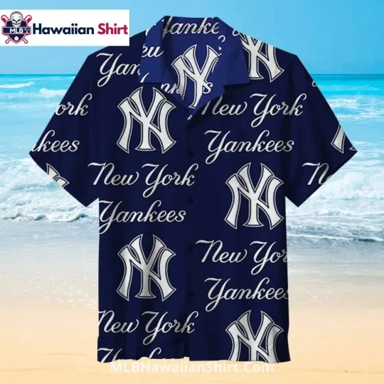 Discover Classic Navy NY Baseball Team Yankeess Hawaiian Shirt With Script Logos