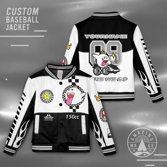 Custom Mario Kart Boo Baseball Jacket, Personalized King Boo Varsity, Nintendo Fan Gift, Kids Mario Kart Birthday Outfit, Mario Gaming Shirt