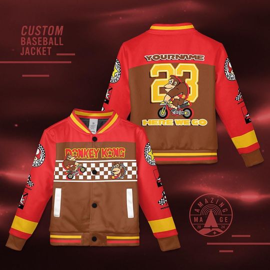 Custom Donkey Kong Mario Kart Baseball Jacket, Super Mario Jacket, Mario Birthday Boy Shirt, Yoshi Luigi Peach Toad Birthday Jacket Gift