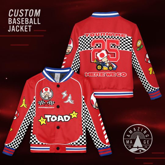 Custom Toad Mario Kart Baseball Jacket, Super Mario Jacket, Mario Birthday Boy Shirt, Toadette Yoshi Luigi Donkey Kong Birthday Jacket Gift
