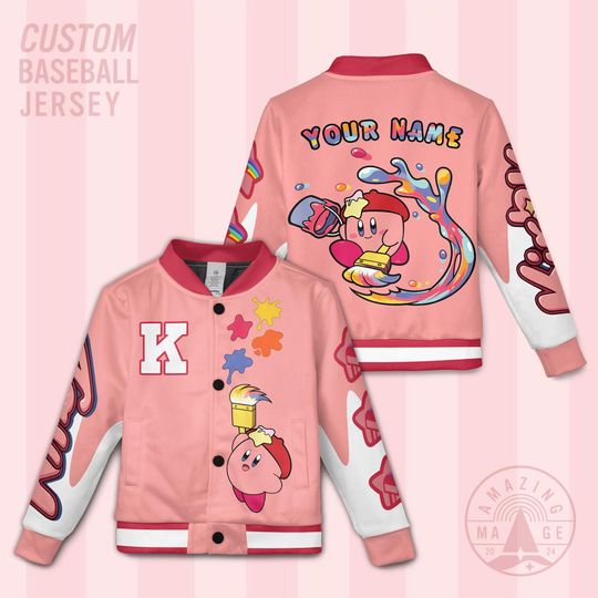 Discover Custom Kirby Paint Baseball Jersey, Personalized Pink Kirby Baseball Shirt, Kirby Star Jacket For Adults Kids, Cute Gamer Birthday Gift