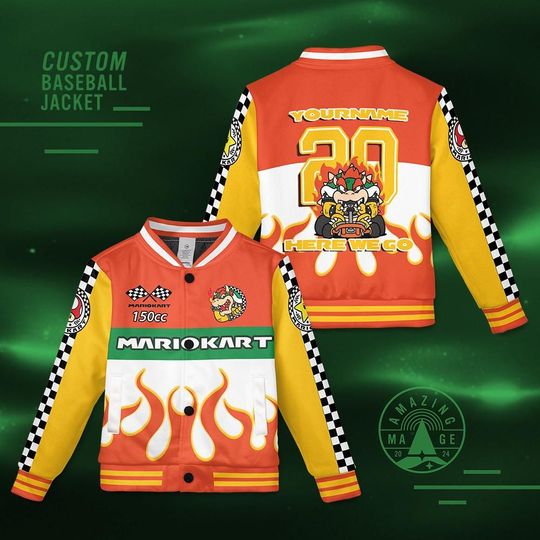 Custom Bowser Mario Kart Baseball Jacket, Super Mario Jacket, Mario Birthday Boy Shirt, Yoshi Luigi Peach Toad Birthday Jacket Gift