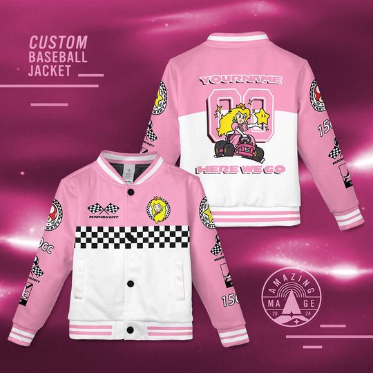 Custom Princess Peach Baseball Jacket, Mario Kart Kids Varsity Jacket, Super Mario Birthday Gift, Mario Peach Bowser Game Lover Gift