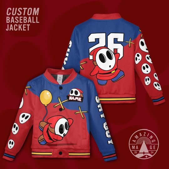 Custom Shy Guy Baseball Jacket, Super Mario Kart Jacket, Shy Guy Birthday Boy Shirt, Mario Luigi Yoshi Birthday Jacket Gift Kids Adult