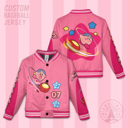 Discover Custom Kirby Yoyo Baseball Jersey, Personalized Kirby Gaming Jacket, Kawaii Kirby Star Shirt for Adults Kids, Cute Gamer Birthday Gift