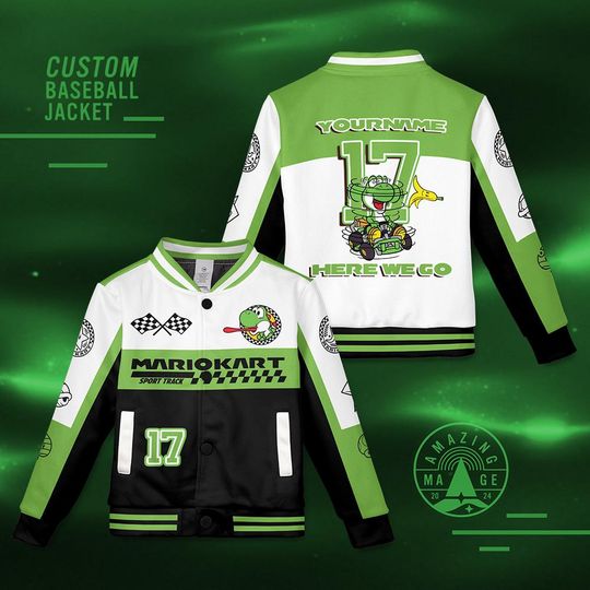 Custom Yoshi Mario Kart Baseball Jacket, Super Mario Jacket, Mario Birthday Boy Shirt, Donkey Long Shy Guy Peach Bowser Birthday Jacket Gift