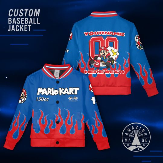 Custom Mario Kart Baseball Jacket, Super Mario Jacket, Mario Birthday Boy Shirt, Yoshi Bowser Donkey Kong Birthday Jacket Gift