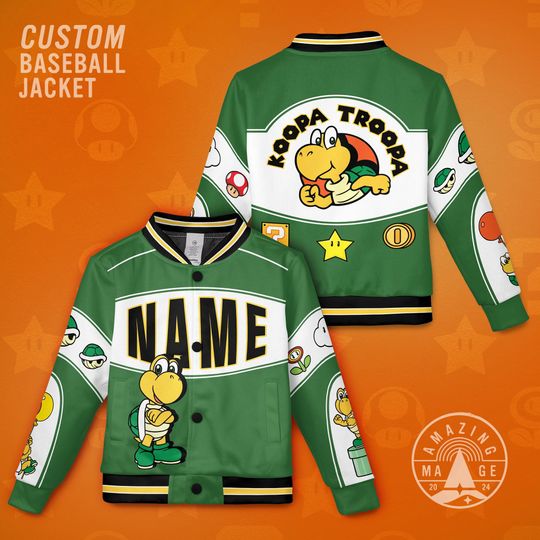 Custom Koopa Troopa Baseball Jacket, Super Mario Kart Jacket, Koopa Troopa Boy Shirt, Mario Luigi Yoshi Birthday Jacket Gift Kids Adult